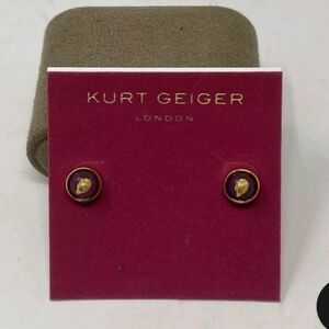 NWT Kurt Geiger Earrings Stud Purple Button Eagle Head Face Gold Tone Round